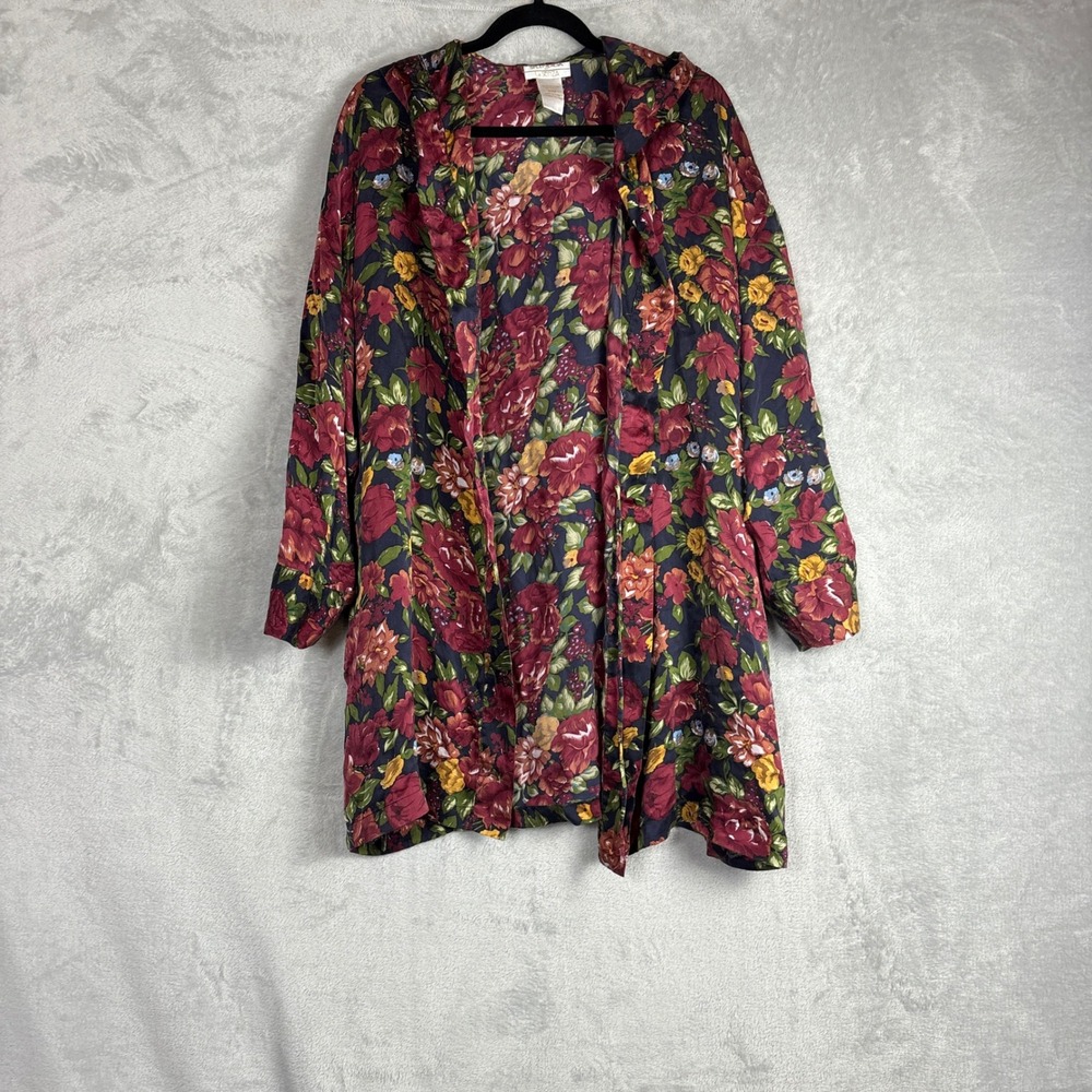 Vintage La Senza Silk Robe Medium Floral Hooded Tie Waist Loungewear Luxury